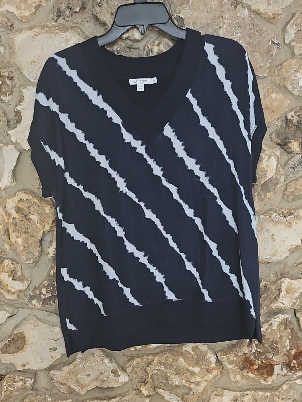 Chico's Navy V-Neck Top with White Diagonal Stripes